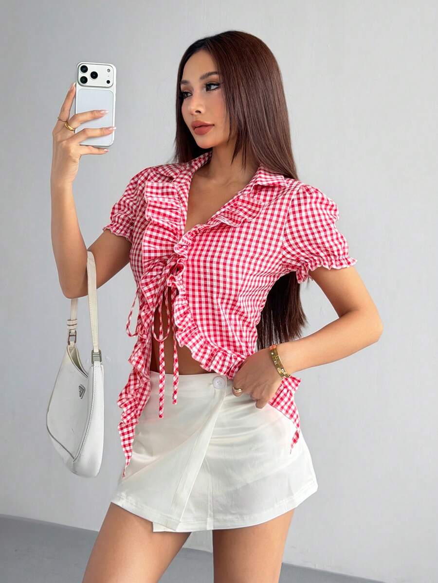 valorelle valorelle 女士休闲运动双色格子性感系带短袖开衫衬衫 - 紅色 - 查看 1