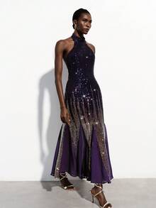 Aveloria Modichic 奢华紫色渐变金色亮片刺绣美人鱼裙摆无袖高领拼接连衣裙，复古优雅流苏闪亮正式派对礼服 - 彩色 - 查看 4