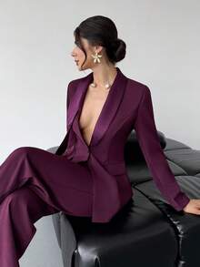 RiviMae Conjunto de traje elegante con chaqueta de solapa y pantalones de un solo abotonado de unicolor para mujer - Burdeos - Ver 6