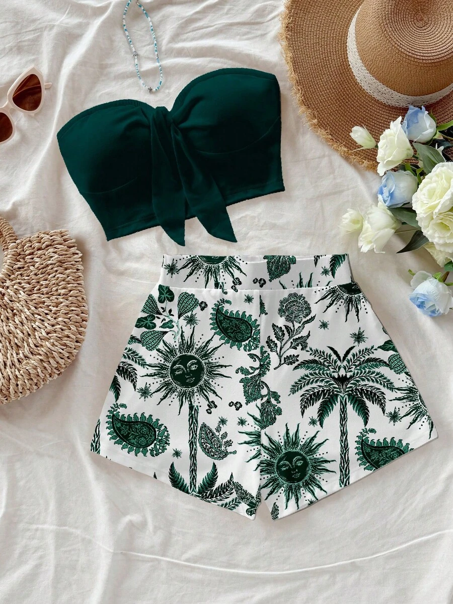 Soleia 女士纯色抹胸上衣和印花短裤休闲两件套 - 綠色 - 查看 1