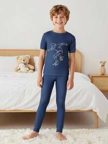 男童滑板印花长袖上衣和紧身裤休闲家居服套装 - 藏蓝色 - 查看 3