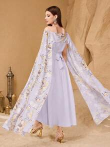 Layrah Elegant Floral Decor Women's Cinched Waist Flattering Midi Dress - Mauve Purple - View 2