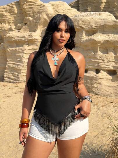 Rustia Plus Size Women Sexy Draped Neck Tassel Halter Backless Camisole