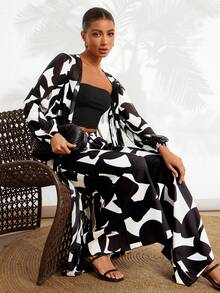 Gownix Women's 2 Pieces Set Zebra Print Outfits,Casual White And Black Wide Leg Pants Set,Bohemian Vacation Holiday Autumn Resort Wear Beach Cover Up Outfit - Black and White - View 2