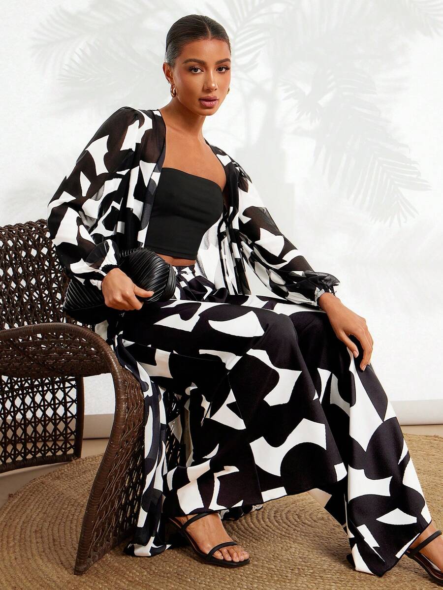 Gownix Women's 2 Pieces Set Zebra Print Outfits,Casual White And Black Wide Leg Pants Set,Bohemian Vacation Holiday Autumn Resort Wear Beach Cover Up Outfit