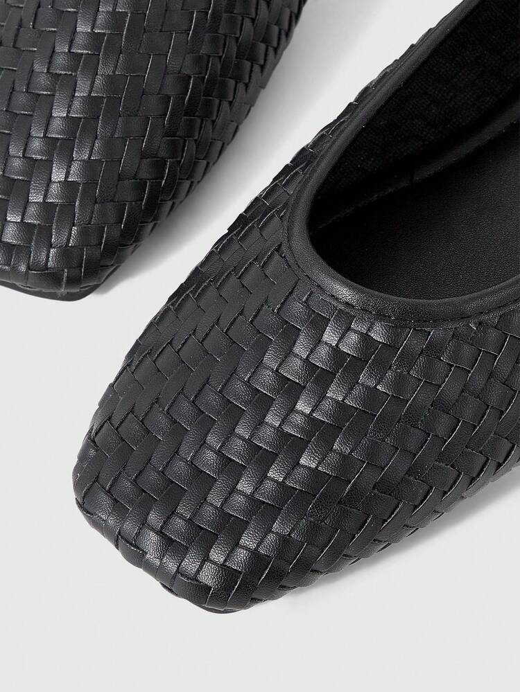 Sleekvia Women's New Fashion Woven Slip-On Square Toe Flat Shoes - Black - View 4