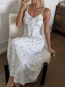 SHEIN 女士浪漫碎花无袖露背吊带裙 - 藍色 - 查看 4