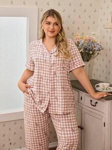 CottageSlumber 泡泡褶皱卡通花卉格子印花翻领开衫短袖睡衣套装 - 粉色 - 查看 1