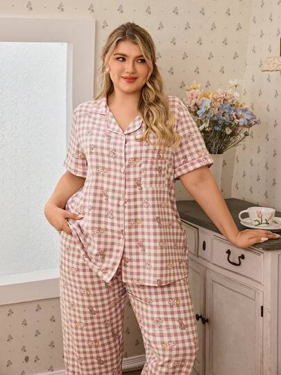 CottageSlumber Conjunto de pijama con chaqueta de punto de manga corta con cuello de solapa, estampado de flores, cuadros y burbujas arrugadas