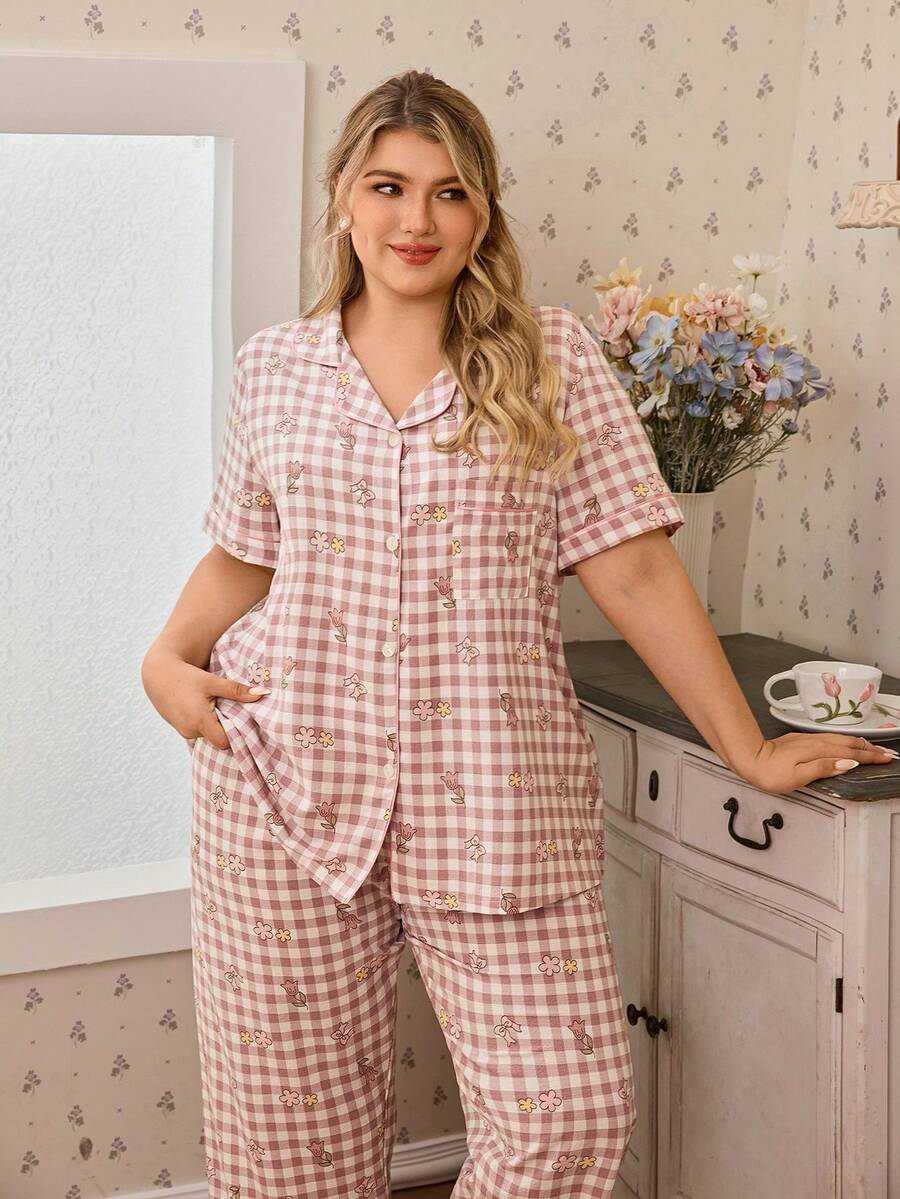 CottageSlumber 泡泡褶皱卡通花卉格子印花翻领开衫短袖睡衣套装 - 粉色 - 查看 1