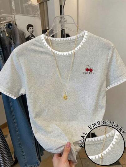 SHEIN 1pc Tween Girl Casual Cherry Letter Print Short Sleeve T-Shirt, Embroidered Collar Decor, Loose Fit, Cute Versatile Style, Suitable For Spring & Summer