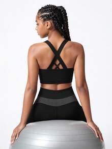 Teen Girls' Black Sports Tank Top,Autumn Winter Gym Wear With Crisscross Back Strap,High-Stretch Fabric For Jogging,Walking & Active Wear, Fall, Yoga - Black - View 2