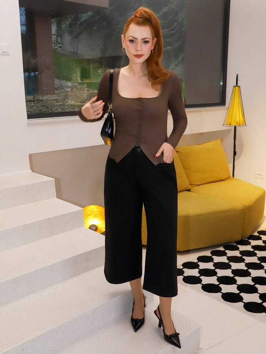Gretanique Damen Woll-Gerade-Bein-Taschen-Caprihose, Büro-Pendler Business-Lässig-Tragen, elegantes Outfit für Frauen, Frühling/Sommer, geeignet für Valentinstags-Party und Zusammenkünfte - Schwarz - Übersicht 1