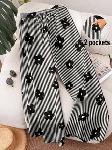 CosyJoli 休闲简约条纹印花黑色大码女式宽松长裤，适合度假、音乐节等场合 - 彩色 - 查看 1