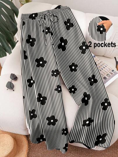 CosyJoli 休闲简约条纹印花黑色大码女式宽松长裤，适合度假、音乐节等场合