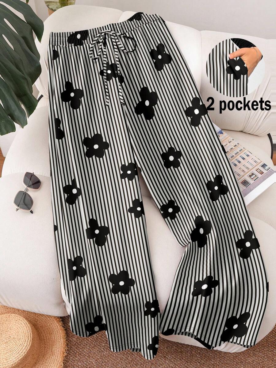 CosyJoli 休闲简约条纹印花黑色大码女式宽松长裤，适合度假、音乐节等场合 - 彩色 - 查看 1