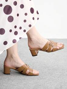 CUCCOO BIZCHIC Women's Light Brown Belt Buckle Cross Belt Thick Heel Mule Shoes, Square Toe Comfortable High Heel Sandals Spring Shoes - Brown - View 1