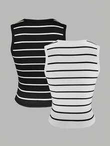 Resyla 2pcs Women's Black And White Striped Camisole Set - Black and White - View 2