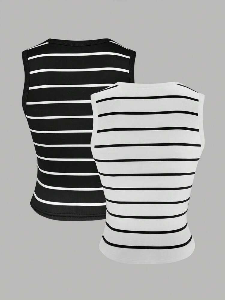 Resyla 2 piezas Conjunto de camisetas de tirantes a rayas blancas y negras para mujer - Blanco y Negro - Añade 2