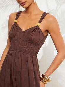 Gownix Women's Brown And Gold Summer Casual Vacation Holiday Jumpsuit,V-Neck Spaghetti Strap Sleeveless Wood Button Wide Leg Boho Romper,Ruched Playsuits - Brown - View 7