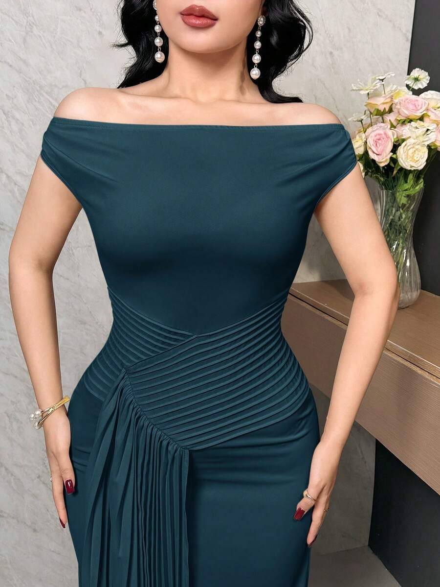 Feyla 女士时尚纯色露肩褶皱长款中长连衣裙