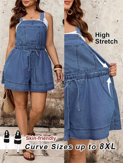 SHEIN CURVE+ 大码休闲系带露背牛仔连体裤，春夏嘉年华服装，通勤度假毕业时尚Y2K可爱街头风派对婚礼优雅商务休闲女装牛仔背带裤，抽绳腰带阔腿短裤，夏季牛仔背带短裤，春夏百搭连体裤，可爱背带连体裤，度假装，日常通勤背带裤，复古风格连体裤，森系休闲百搭