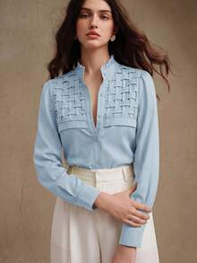 Áo kiểu tay dài xếp ly phồng màu xanh lá cây chất liệu Tencel, kiểu dáng thanh lịch, thích hợp cho mùa xuân hè, hẹn hò, đi chơi, đi làm. - Màu xanh nhạt - Xem 4