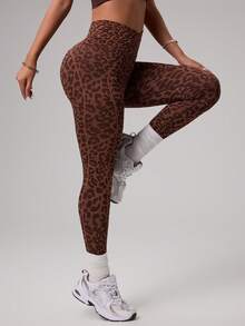 Dewbera Seamless High Elasticity Leopard Print Criss-Cross Waist Sports Leggings For Yoga Workout - Brown - View 5