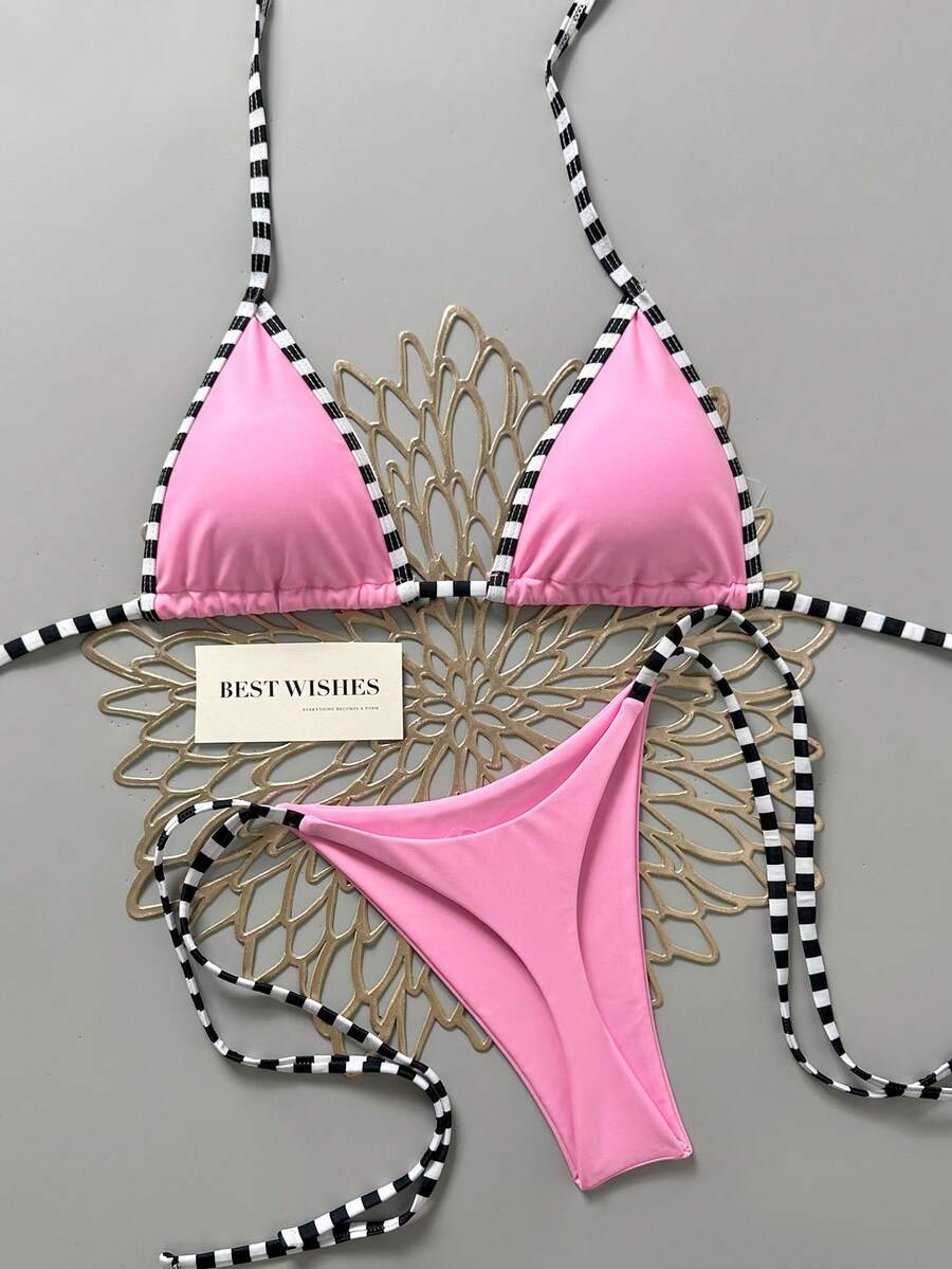 Bonvoyette Women's Summer Beach Vacation Halter Tie Striped Print Rope Pants Side Tie Bikini Two-Piece Set - Multicolor - View 1