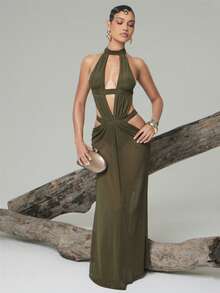 Hauture 露背镂空网纱吊带长裙 - 軍綠色 - 查看 1