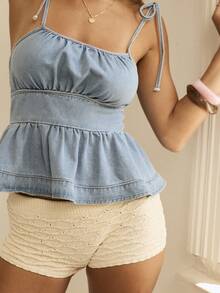 Aralina 夏季女士牛仔自肩带可爱荷叶边上衣，适合外出派对或海滩穿着 - 淺色水洗藍 - 查看 4