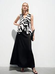 Aveloria Modichic Zebra Print V-Neck Sleeveless Fitted Vest With Solid Black Satin Midi Skirt, Women's Suit Set, Elegant Office & Casual Versatile Animal Print Two Pieces Outfit - Multicolor - View 5