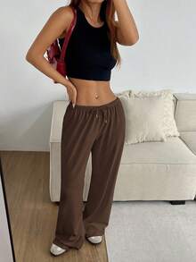 SHEIN EZwear 大码休闲棕色抽绳腰阔腿运动裤 - 棕色 - 查看 5