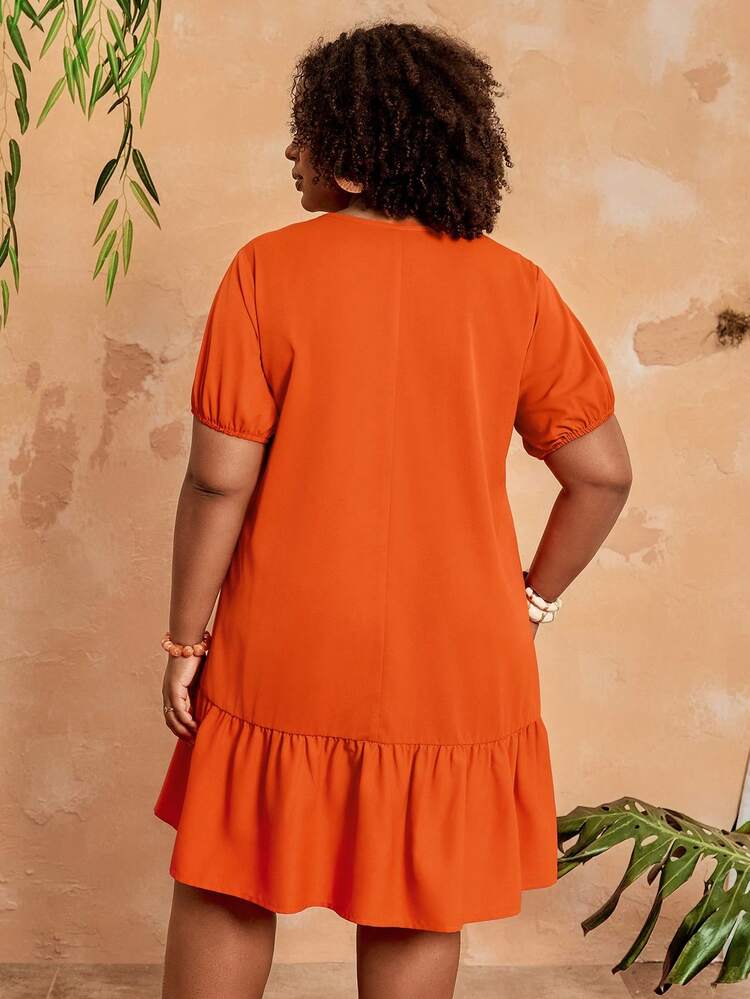 Plus Size Women Solid Color V-Neck Short Petal Sleeve Ruffle Hem Vacation Dress Women's Plus Size Dresses Women's Holiday Clothes Plus Size Dress Vacation Women's Summer Outfits Summer Outfits Summer Clothes Spring Dress Spring Outfit Women Spring Clothing Beach Vacation Outfits For Women Vacation Dress Bohemian Festival Outfits For Women Beach Outfits For Women