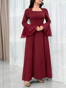 Modelyn 喇叭袖，水钻装饰，异质材料拼布腰部收紧优雅派对礼服，讨人喜欢 - 酒紅色 - 查看 1