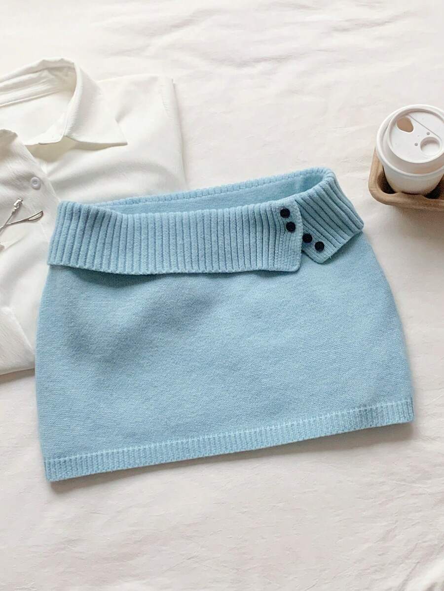 Comfortcana Váy len dệt kim gân màu xanh nhạt trơn dành cho nữ, kiểu Hàn Quốc, thích hợp cho mùa thu/đông. - Màu xanh nhạt - Xem 1