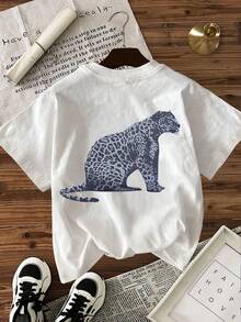 EMERY ROSE Women's 100% Cotton Casual Vacation Leopard Print Short Sleeve T-Shirt, Suitable For Daily Commute - White - View 6