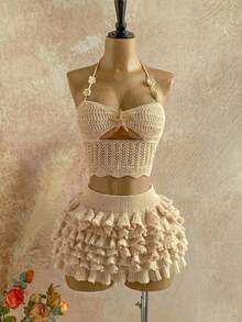 Soleia Women's Spring/Summer Vacation Knit Halter Neck Tie Camisole Top And Multi-Layer Ruffle Mini Skirt 2-Piece Set, Suitable For Beach, Seaside, Sexy, Dating - Apricot - View 5