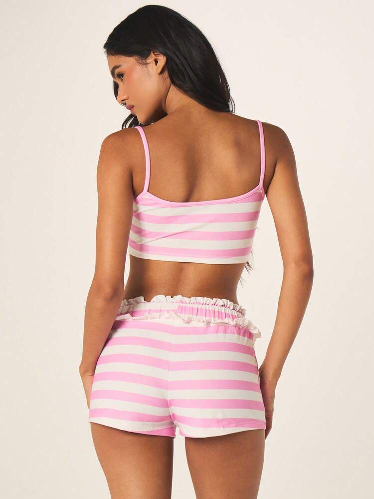 MISSGUIDED Pink White Horizontal Striped Bralette Top And Micro Shorts Pajama Set Summer Lounge Sleepwear Nightwear