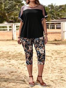 EMERY ROSE 大码夏季休闲网纱拼接蝙蝠袖上衣和七分裤两件套 - 彩色 - 查看 4