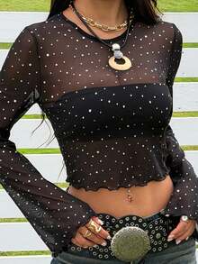 SHEIN EZwear Blusa de manga larga con malla y lentejuelas negras para mujer - Negro - Ver 6