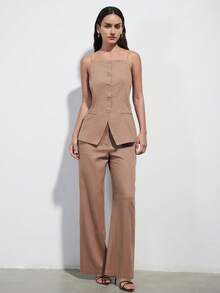 Aveloria Modichic Women's Suit Set,Khaki Summer Elegant Office Vintage Coin Beaded Belt Waist Cinching Linen-Like Fabric Vest Top & Straight Leg Suit Pants - Khaki - View 2