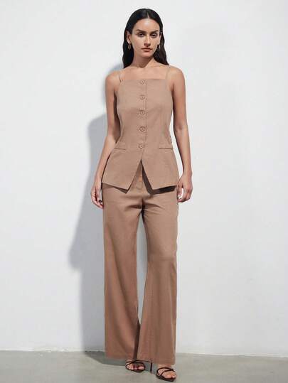 Aveloria Modichic Vintage Coin Beaded Belt, Waist Cinching Decor Linen-Like Fabric Elegant Design Vest Top, Versatile For Commuting Straight Leg Slimming Suit Pants, Women's Suit Set