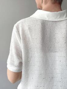 FRIFUL Women's Partial Placket Polo Collar Semi-Sheer Basic Comfortable T-Shirt - Beige - View 5