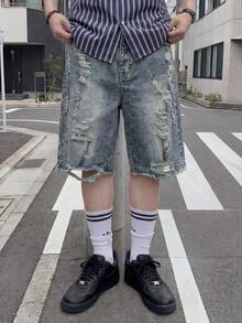 SHEIN Tween Boys' Fashionable Street Style Slim Fit Distressed Light Wash Blue Denim Shorts, Casual Everyday Versatile - Dark Wash - View 5