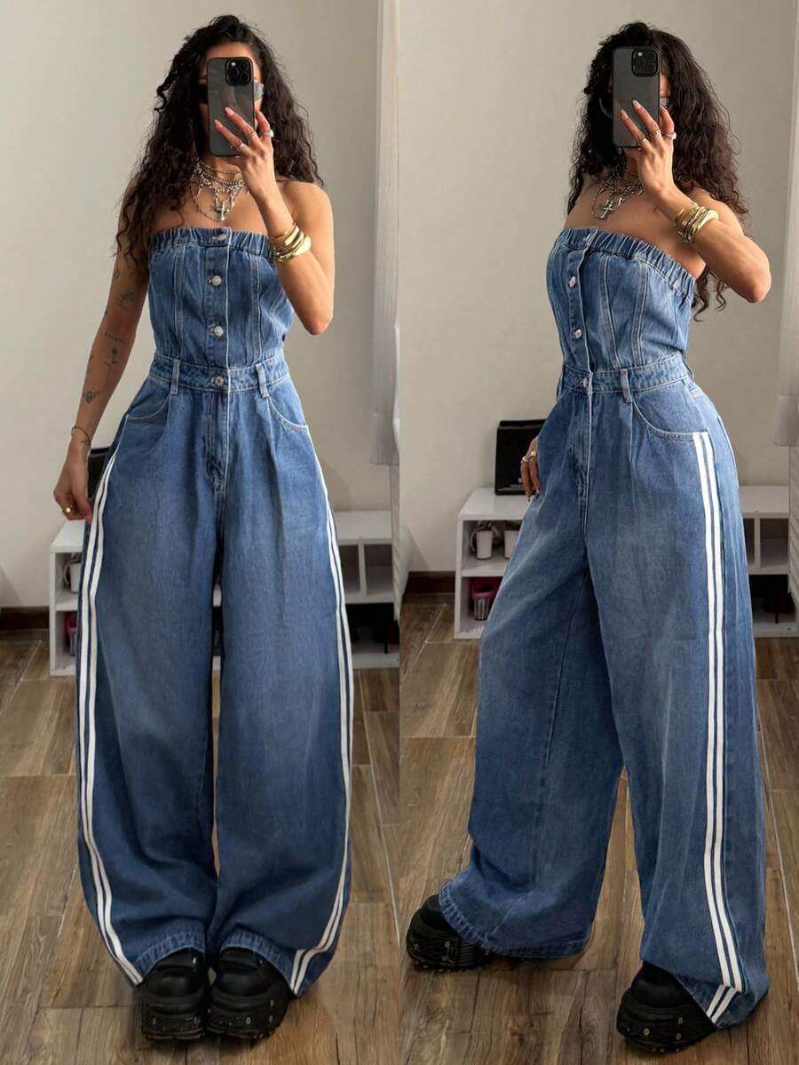 StreetHx Women's Casual Denim Jumpsuit With Pockets And Buttons, Suitable For Daily Wear, Dates And Outings - Medium Wash - View 1