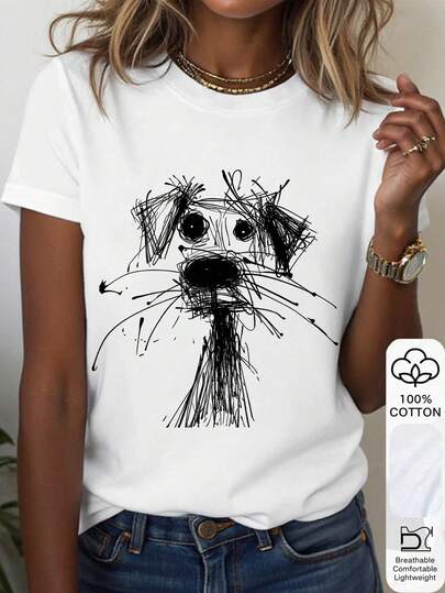 EMERY ROSE Women's Casual Printed Round Neck Short Sleeve T-Shirt