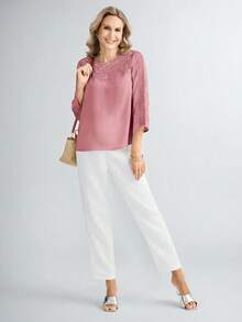 Miaspire 定制花卉领口拼接女士休闲度假衬衫，春夏母亲节礼物 - 中紫紅色 - 查看 4