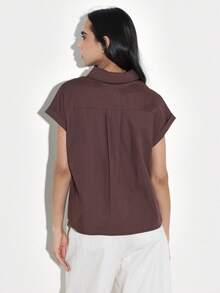 KSTM Women's Chocolate Brown Short Sleeve Button Down Collared Blouse Relaxed Fit Office Casual Spring Summer Top - Brown - View 2