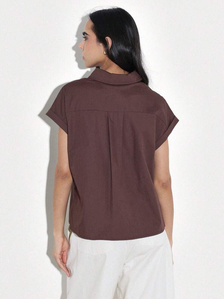 KSTM Women's Chocolate Brown Short Sleeve Button Down Collared Blouse Relaxed Fit Office Casual Spring Summer Top